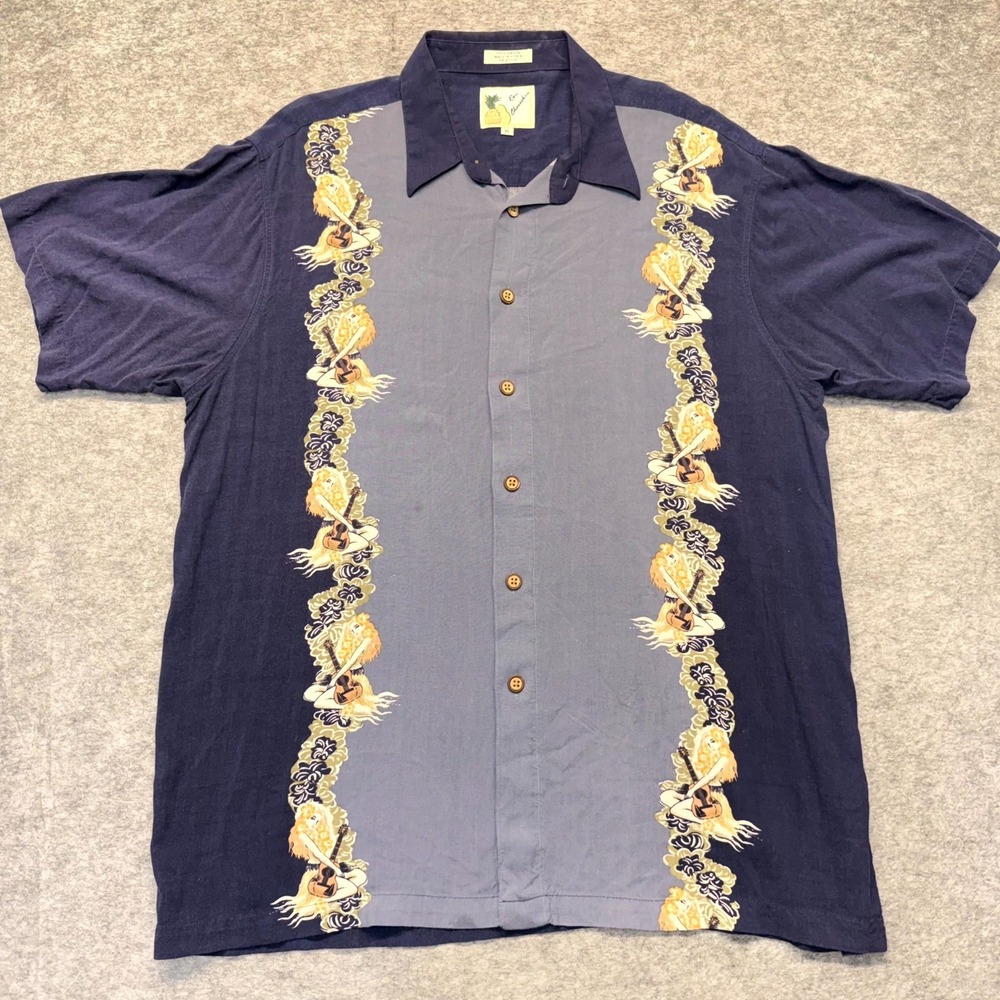 Vintage Ron Chereskin Hawaiian Shirt Men’s XL Rayon Blue Guitar Print